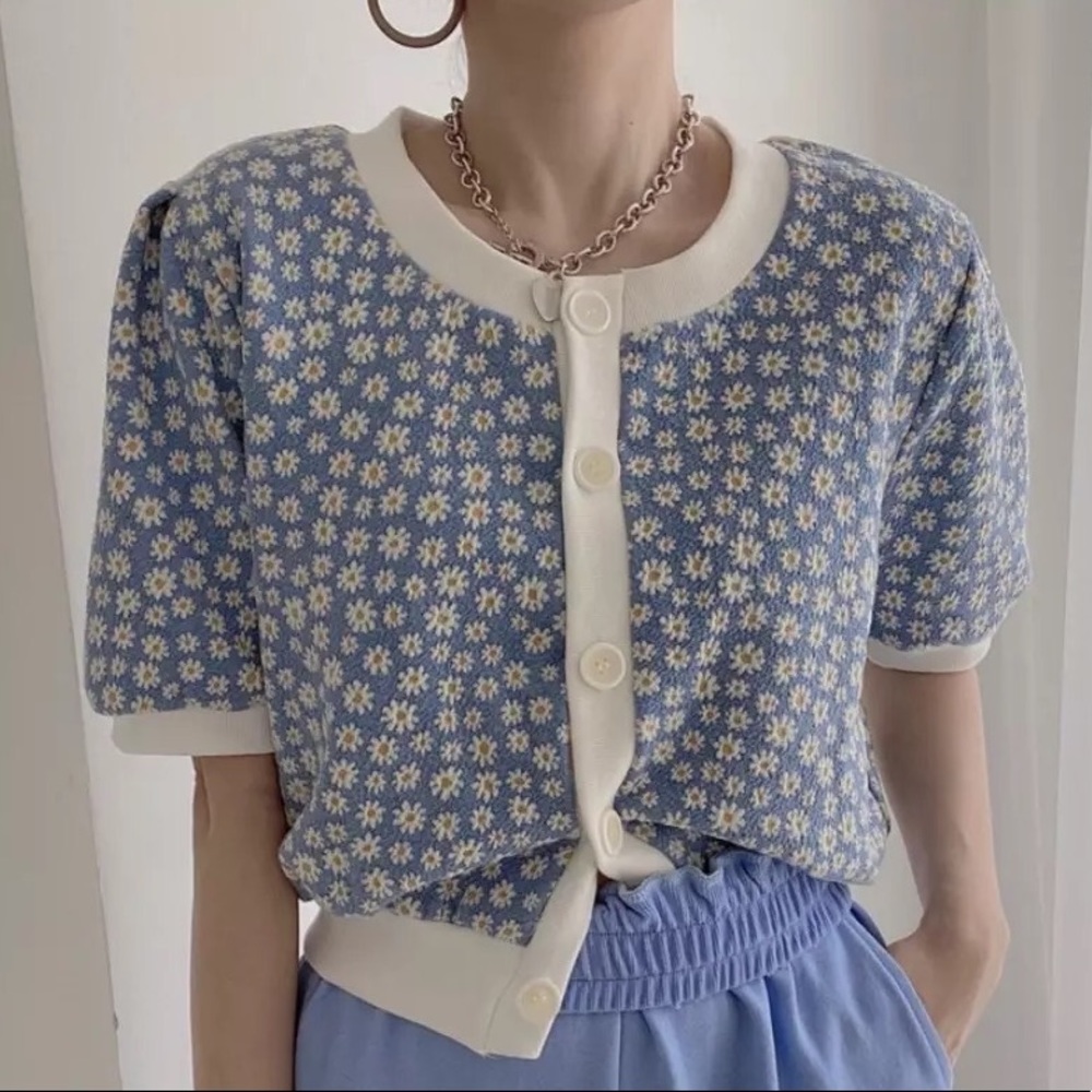Daisy floral cardigan top blouse shirt blue flower blue cropped - Picture 1 of 2